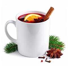 Warm mulled beverage in white mug, with fruit, spices, and greenery