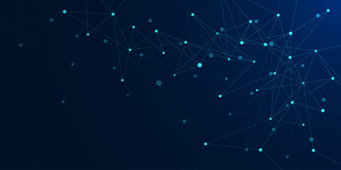 Futuristic connected glowing nodes on dark blue background. Minimalis innovation technology, network connection, science and technology design concept. Vector © Alfan Subekti