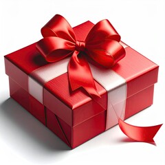 Red gift box with satin bow and ribbon detail, isolated on white