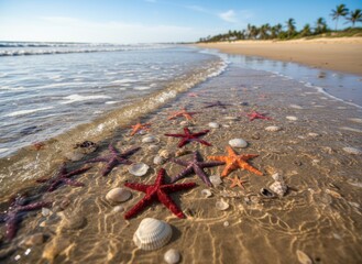 A festive Santa Claus and a decorated Christmas tree stand on a sunny tropical beach by the turquoise ocean waves, featuring a holiday hat resting on the summer sand near a seashell