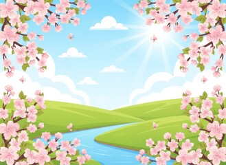 A vibrant spring landscape featuring a lush meadow of flowers and cherry blossoms under a blue sky with a cartoon sun, green grass, and fluttering butterflies in a seasonal nature illustration