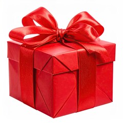 Vivid red gift box with matching ribbon and bow, isolated on white