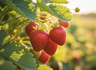 A closeup of fresh, ripe red strawberries and juicy wild berries growing on a green leafy bush in a sunny summer garden