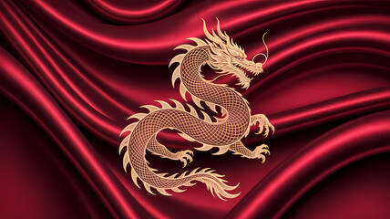 golden chinese dragon illustration on flowing red silk background
