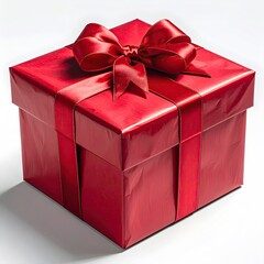 Red gift box with satin ribbon bow, presented against a white background