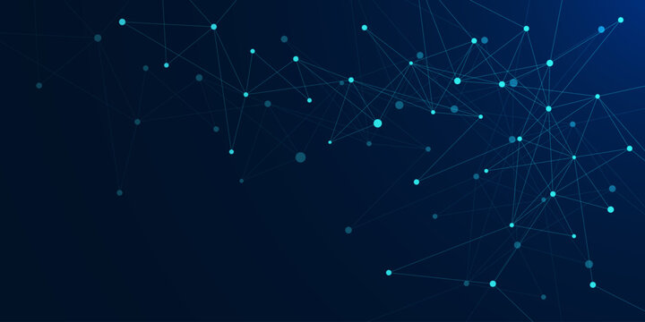 Futuristic connected glowing nodes on dark blue background. Minimalis innovation technology, network connection, science and technology design concept. Vector