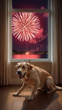 Labrador retriever showing anxiety during a holiday firework show. Pet suffering from noise phobia and stress. Lockdown shot.