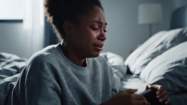 Woman hiding face in hands on bed expression of sadness depression grief mental health indoors