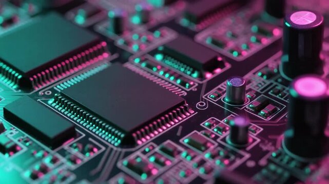 Close up of a computer motherboard with glowing neon lights.