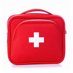 Red first aid kit with white cross, handle, and zipper, against white