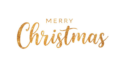 Merry Christmas elegant golden glitter text. Calligraphic inscription for holiday greeting card design. Festive lettering with sparkling texture on a transparent background for easy overlay.
