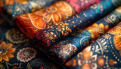 Fototapeta premium Vibrant fabrics with intricate floral patterns and abstract designs displayed in a layered arrangement