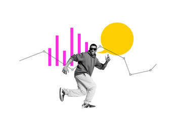 Image full pop trend collage of happy businessman dance chart development aim achievement success bubble speech promotion