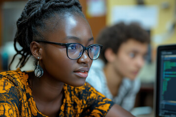 Woman in glasses looking at computer screen.