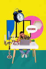 Trend artwork template design collage sketch of deadline young man sit table distance work speech cloud candle job profession employment