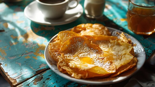 Close up of msemen with honey and sugar served alongside coffee and juice on a rustic table