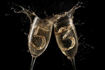 Champagne toast with number 53 in splashing glasses on black background
