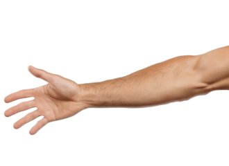 Man's outstretched arm and open hand isolated on a transparent background