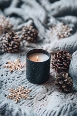 Cozy winter scene with pinecones and candle on knitted blanket