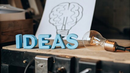 Creative ideas shaped in blue acrylic on light workbench with brain sketch and lightbulb inspiration