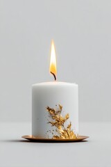 Elegant white candle with gold leaf design and soft glow