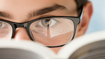 Close-up of a person wearing glasses while reading a book with reflection in the lenses