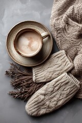 Cozy winter scene with cappuccino cup, knit mittens, and scarf on grey background