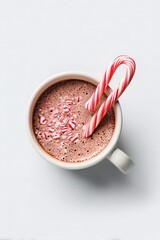 Cup of hot chocolate with crushed peppermint and candy cane