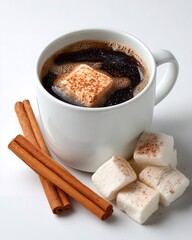 Hot coffee with marshmallows and cinnamon sticks on white background