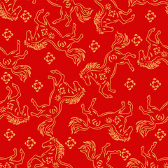 Seamless Pattern Chinese Horse Ornament Design Red and Gold Background.Vector Illustration