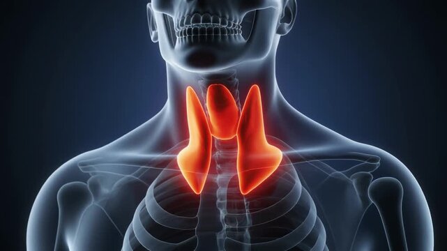 Anatomical illustration of the human thyroid gland highlighted in red within a transparent skeleton.