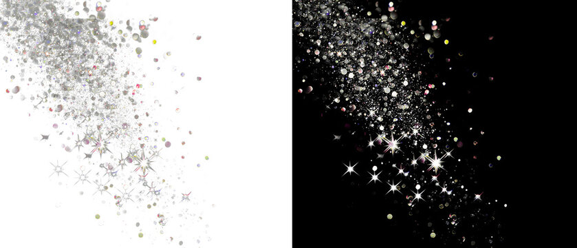 PNG image of Sparkling silver glitter and bokeh light particles cascade diagonally across a deep creating a festive and magical overlay effect on white background