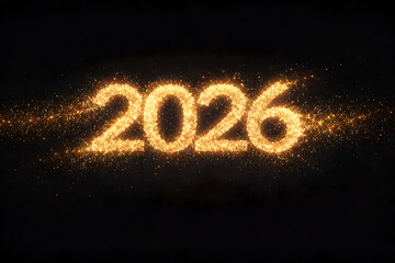 A bright golden sparkler forms the year 2026 against a dark background, with sparks flying around the numbers, creating a festive and celebratory atmosphere with warm glowing light.