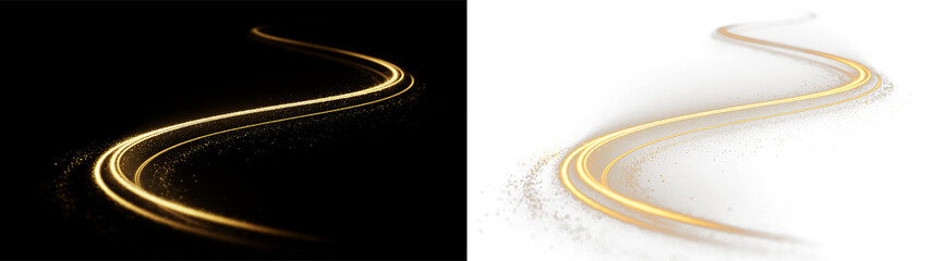 Brilliant wave of luxury light, twirling shine, glowing fantasy background, golden flickering dust, bright fire effect, black sparkle trail, curved magic © tanandaa