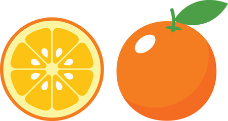 Fresh orange fruit with sliced cross section vector illustration in flat style for food and health designs