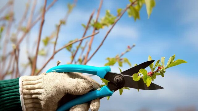 Young gardener trimming overgrown bushes with pruning shears focused on shaping for a healthy spring landscape.