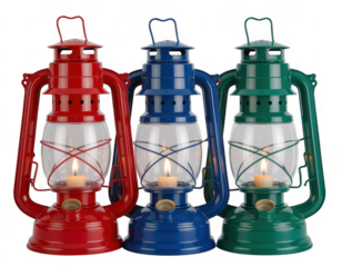 Red, blue, and green metal lanterns with glass and lit candles isolated on a transparent background
