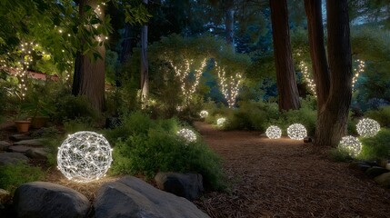 Floating garden orbs powered by solar LEDs scattered among nighttime greenery, creating a dreamy constellation effect across the landscape &mdash; outdoor d&eacute;cor inspiration, sustainable lighting, and