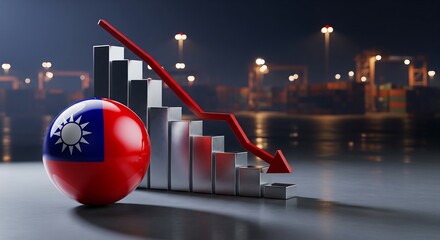 Taiwan economy decline graph with red arrow and flag