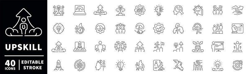 Upskill icons set. editable line icons for learning and development projects