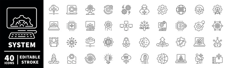 System administration icons set: editable line icons, linear, tech and it symbols