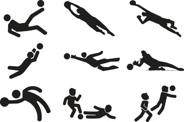 Dynamic Football Action Icons Set, Soccer Save, Goalkeeper Diving, Physical Soccer Play, Football Defense and Attack Icon Collection