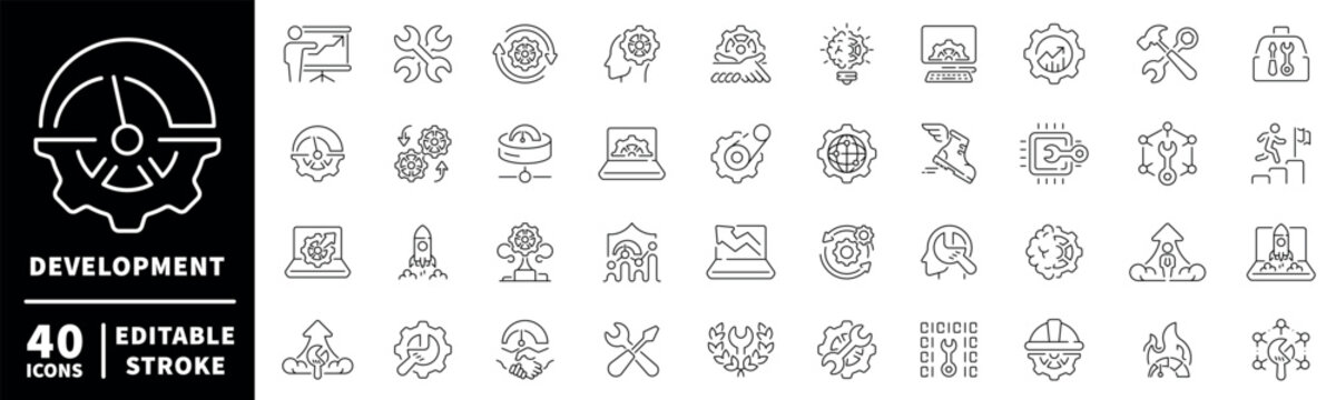 Development icons set: editable line icons for tools, technology, engineering