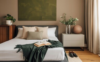 A serene modern minimalist bedroom interior with a cozy bed and soft lighting