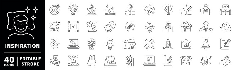 Inspiration icons set. editable line icons, outline, creativity and design tools