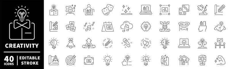 Creativity and innovation icons set. editable line icons, outline, artistic symbols