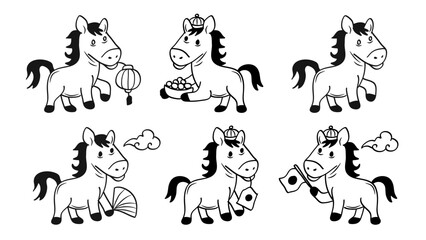 Cute Horse Cartoon Animal Chinese New Year Line Art Collection.Vector Illustration
