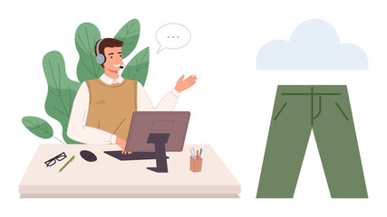 Man with computer and headset in video conference wearing formal top and casual bottoms. Ideal for remote work, virtual communication, humor, video calls, professionalism, casual lifestyles, hybrid