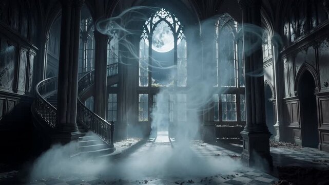 Translucent female ghost appearing in an ornate gothic hall. Ethereal figure materializing within an abandoned mansion.