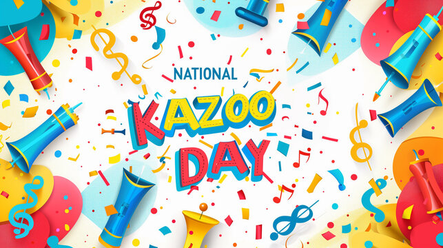 National Kazoo Day: banner National Kazoo Day, bold headline text "NATIONAL KAZOO DAY", subtext "Join the Celebration", modern gradient background, illustrated kazoos with sound waves